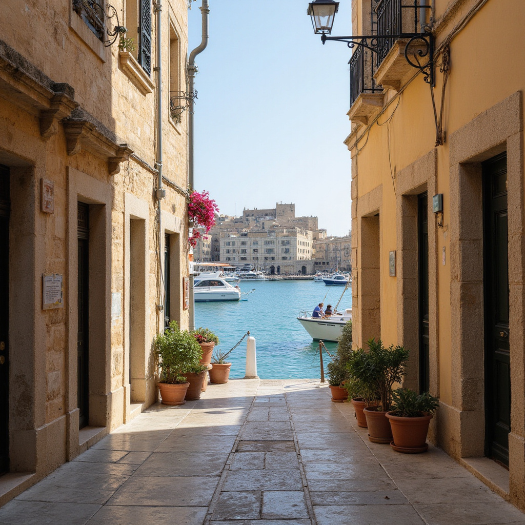 Wąskie uliczki Birgu z widokiem na Grand Harbour, maltańska architektura