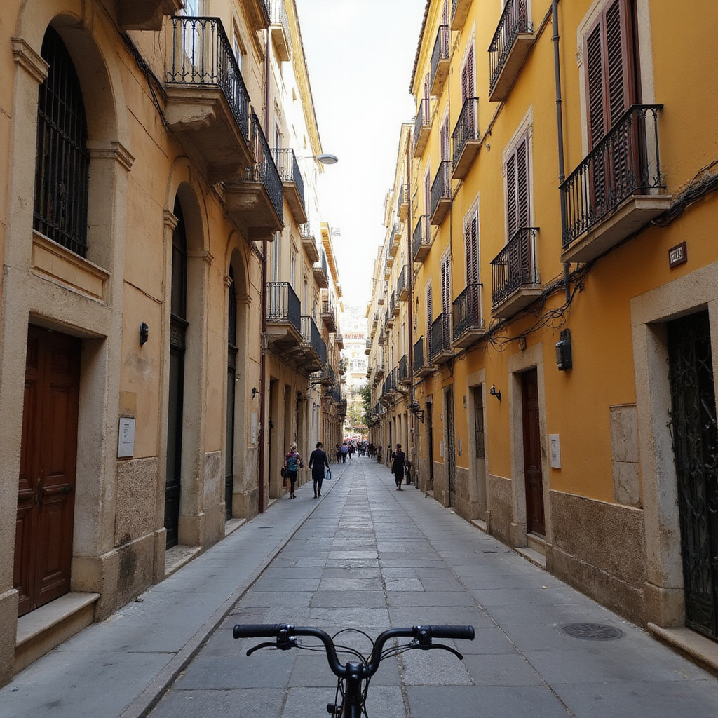 Wąskie uliczki starego miasta w Palmie widziane z perspektywy roweru