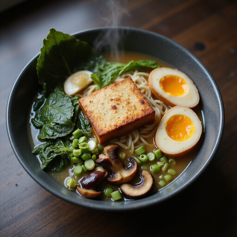 Wegański ramen w Fukuoce z sezonowymi warzywami i tofu