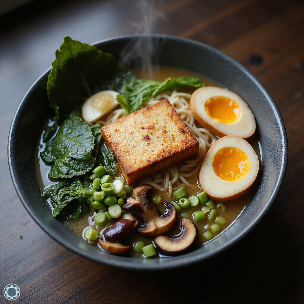 Wegański ramen w Fukuoce z sezonowymi warzywami i tofu