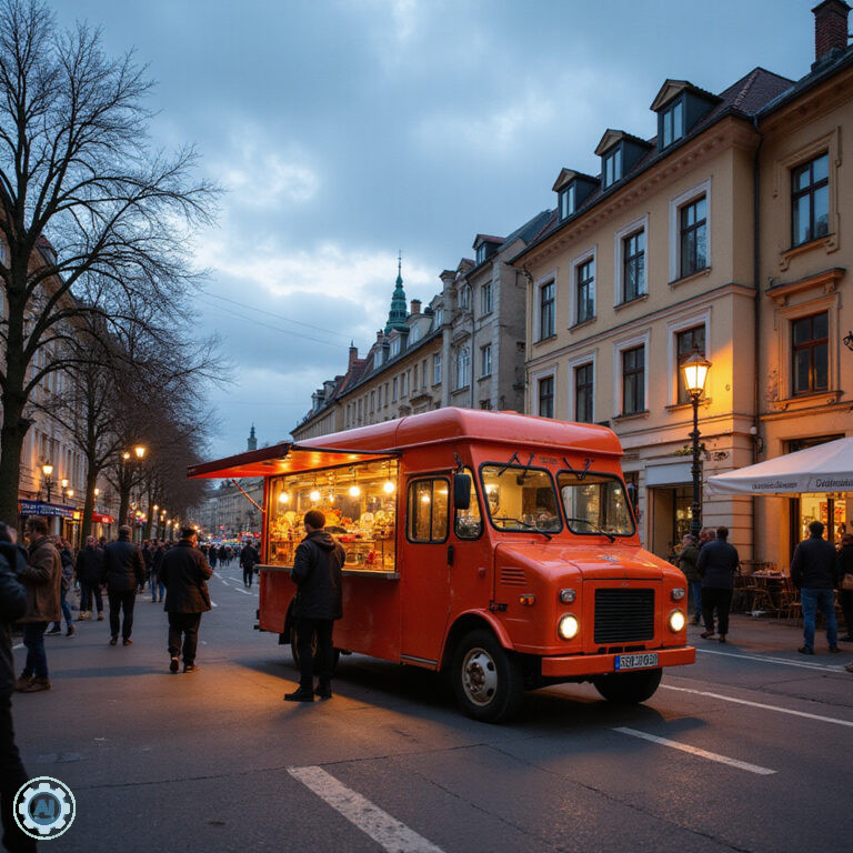 Ulica Piotrkowska w Łodzi z wegańskimi food-truckami i tętniącym życiem otoczeniem
