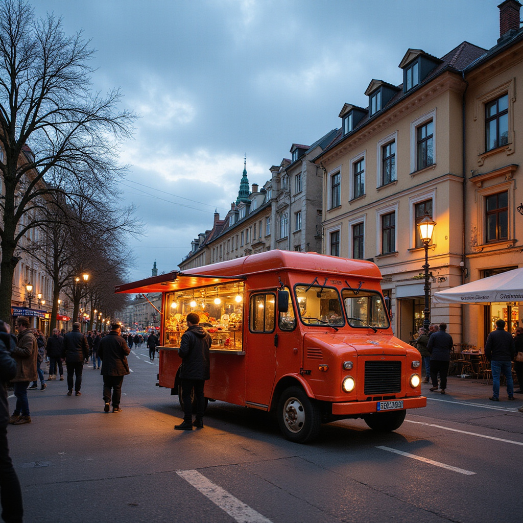 Ulica Piotrkowska w Łodzi z wegańskimi food-truckami i tętniącym życiem otoczeniem