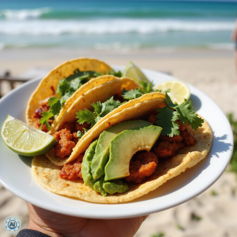 wegańskie tacos w Tulum z jackfruit i awokado na tle plaży