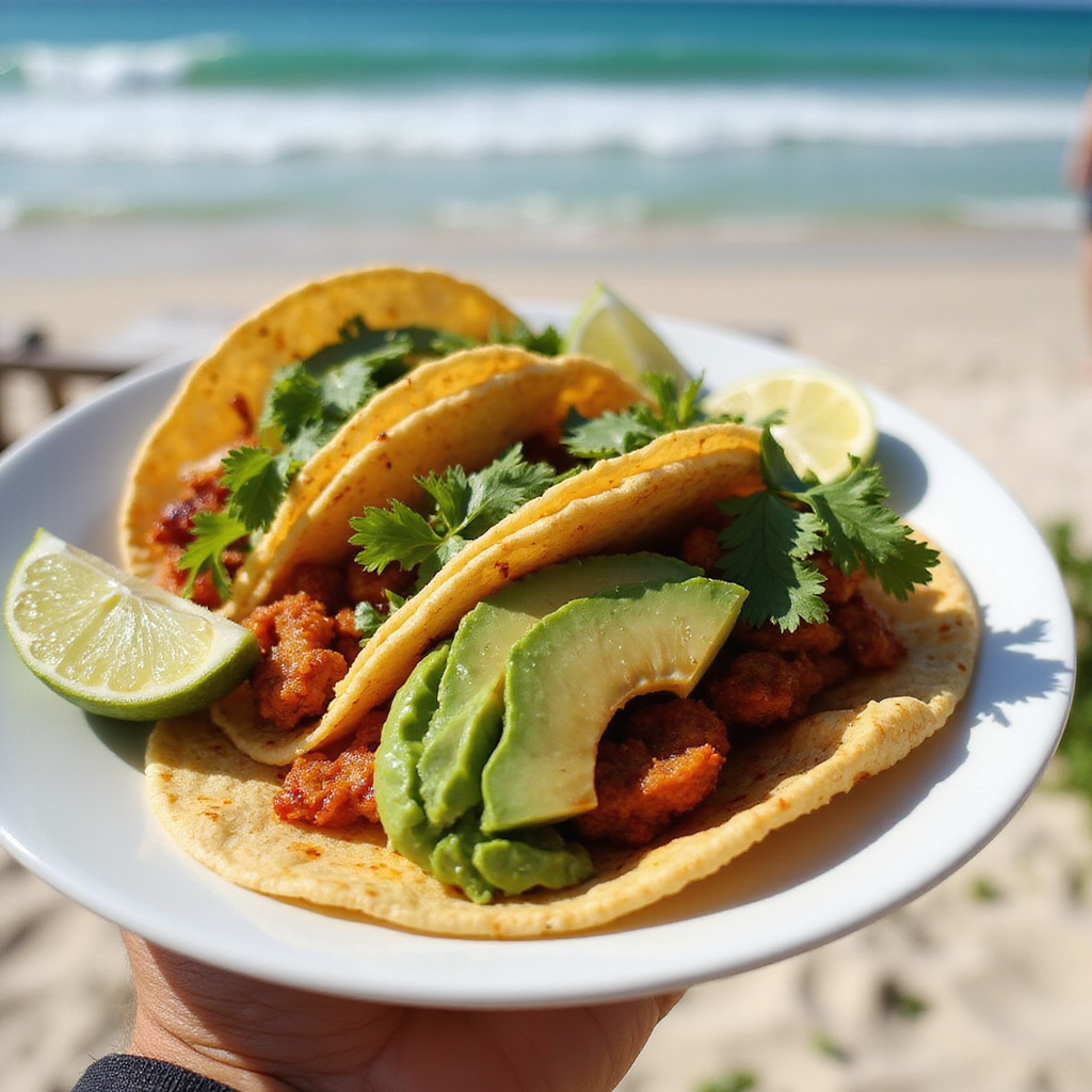 wegańskie tacos w Tulum z jackfruit i awokado na tle plaży