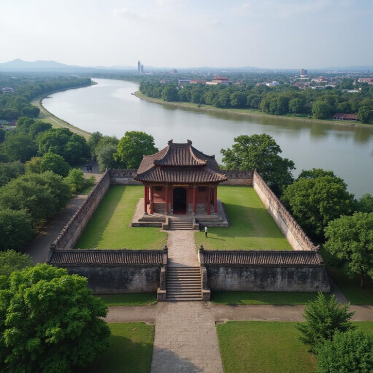 Cytadela Hue widziana z lotu ptaka z Perfumową Rzeką w tle