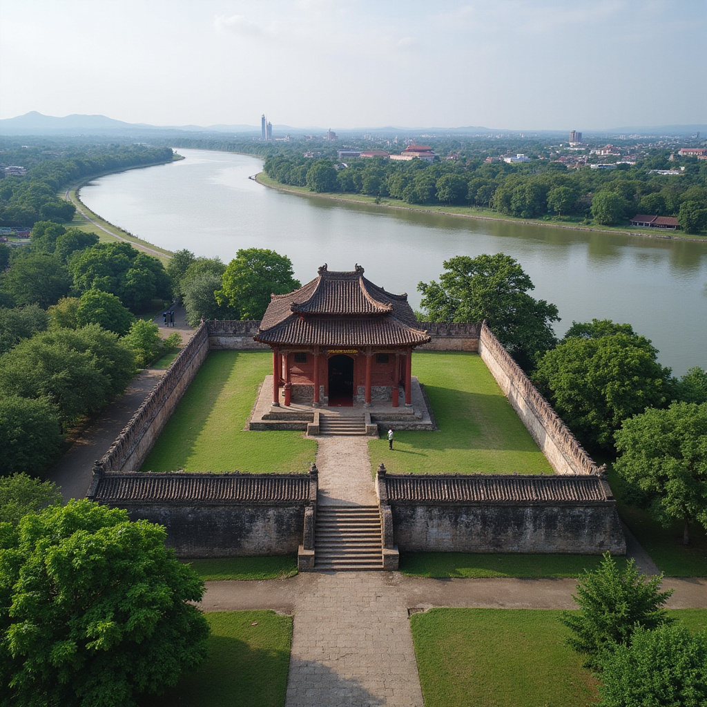 Cytadela Hue widziana z lotu ptaka z Perfumową Rzeką w tle