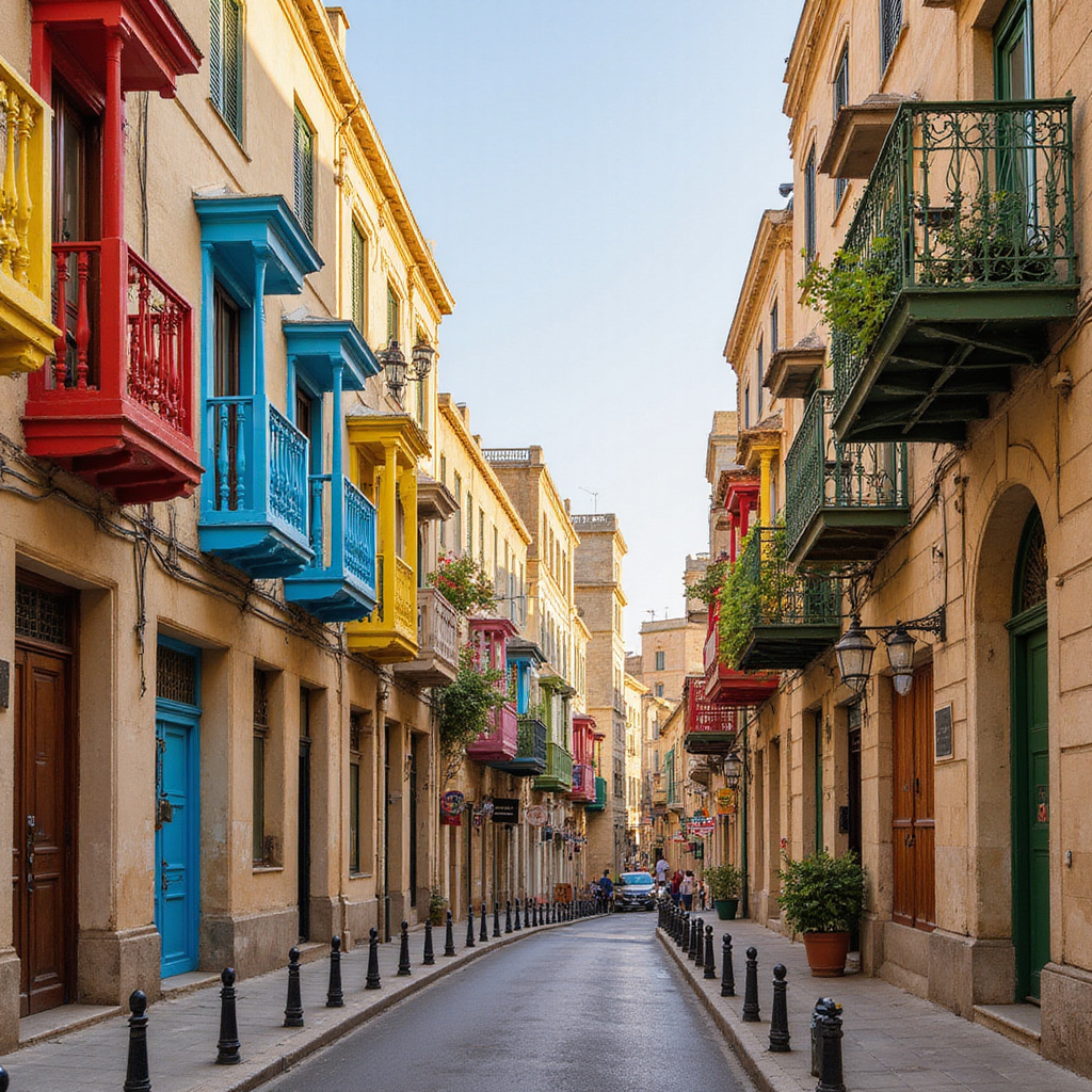 Widok na kolorowe balkony Valletty z perspektywy ulicy