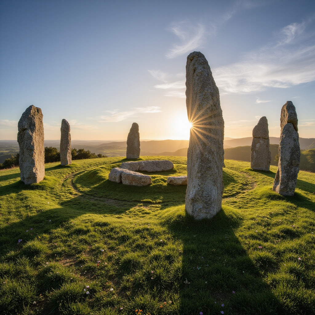 Kamienne kręgi Almendres w Portugalii, widok na prehistoryczne megality wśród zielonych pól