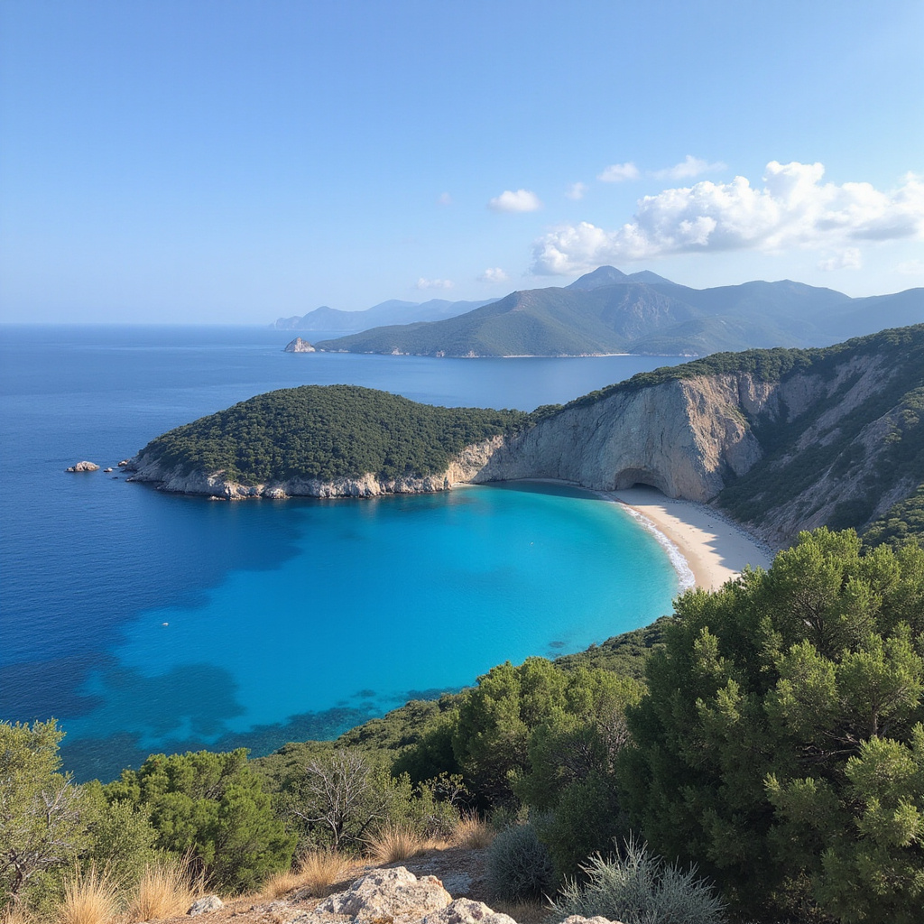Widok na Pontikonisi z turkusowymi wodami Morza Jońskiego, wyspa mitologia grecka