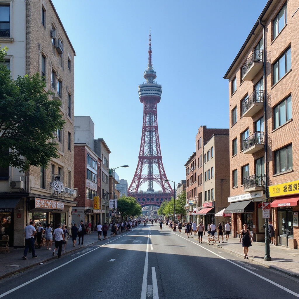 Ulica w Kobe z widokiem na Port Tower, słoneczna pogoda i turyści
