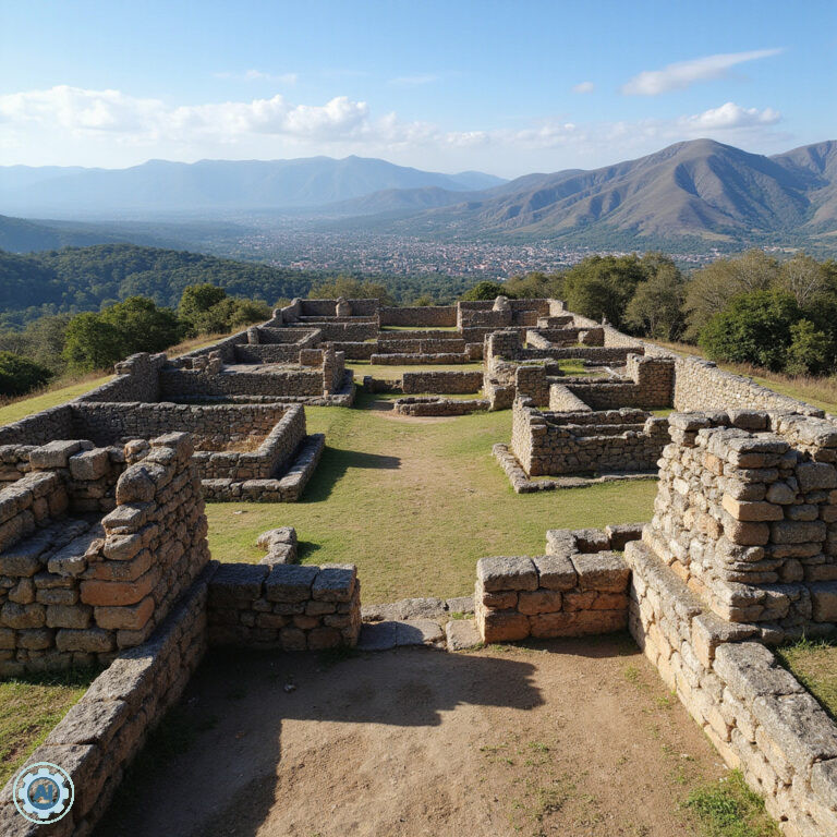 Widok na ruiny Monte Albán z panoramą doliny Oaxaca, starożytne miasto Zapoteków