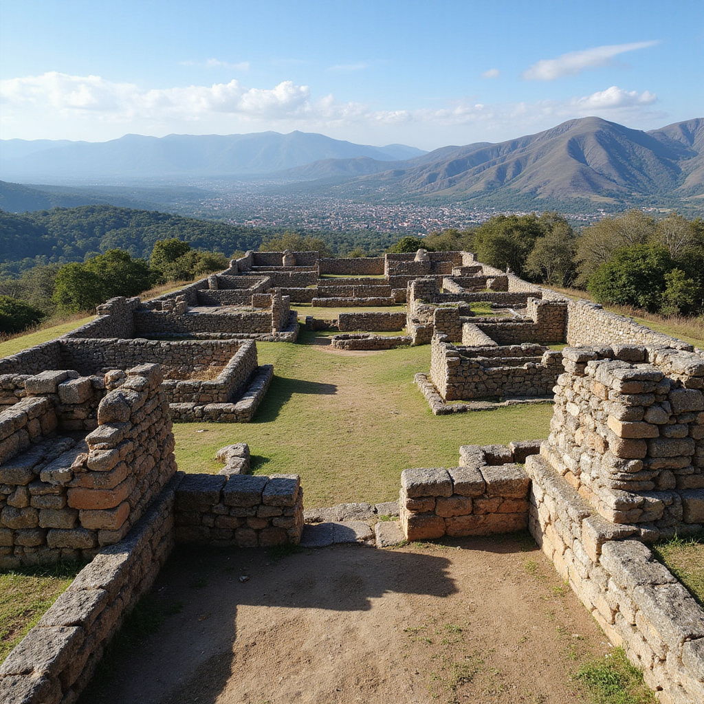 Widok na ruiny Monte Albán z panoramą doliny Oaxaca, starożytne miasto Zapoteków