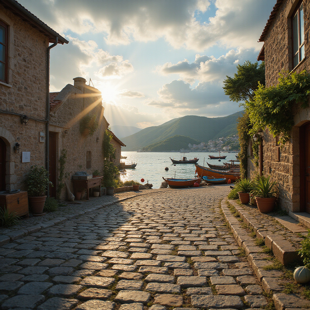 Ulica w Termach z widokiem na zatokę i kutry rybackie