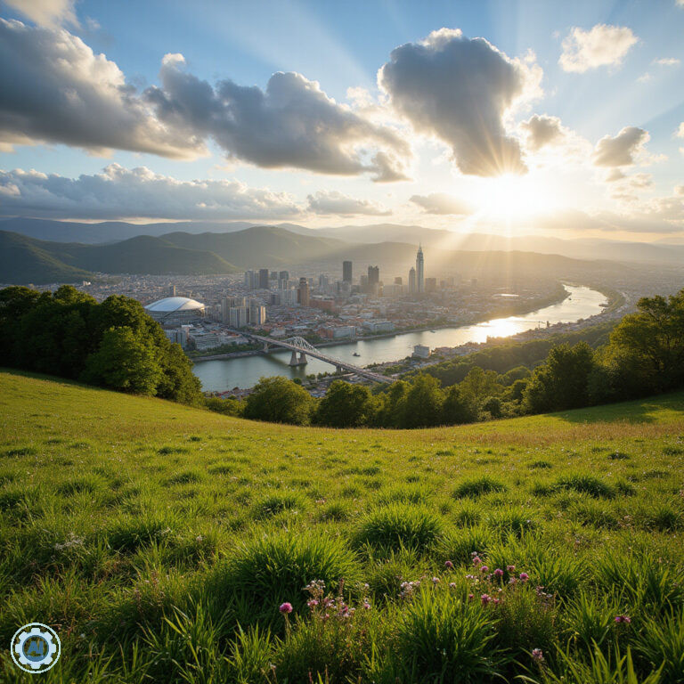 Widok z Funicular de Artxanda na panoramę Bilbao z zielonymi wzgórzami w tle
