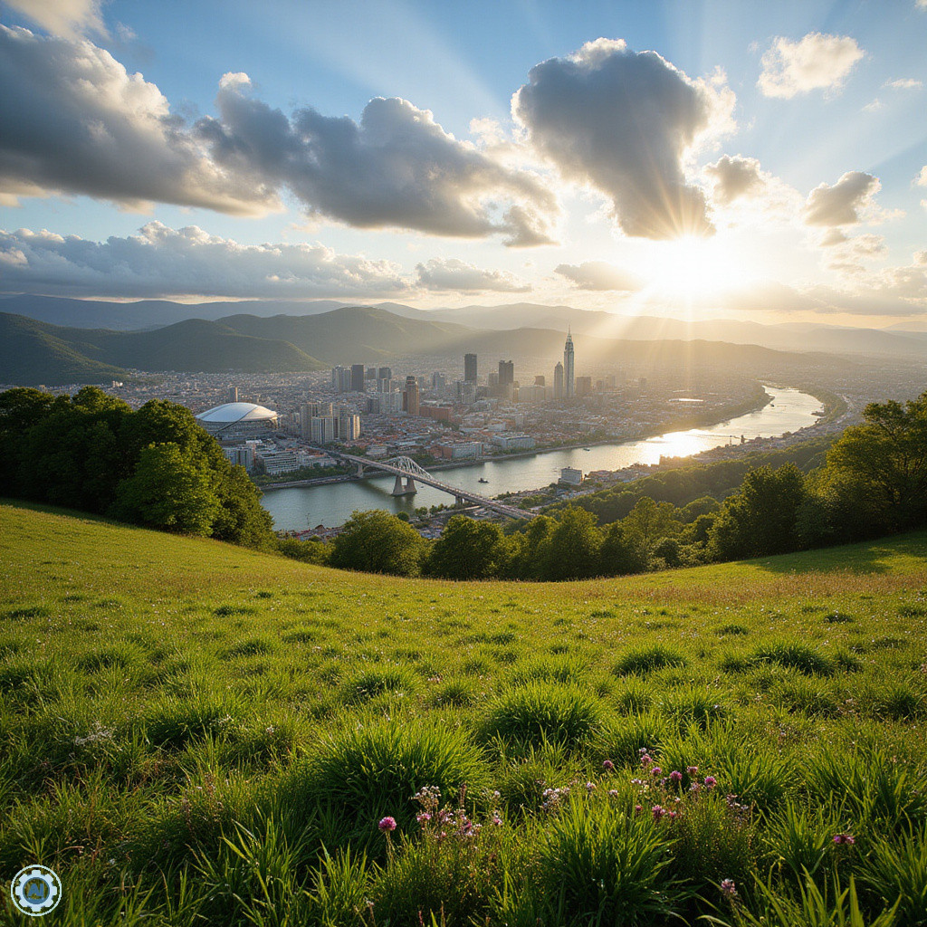 Widok z Funicular de Artxanda na panoramę Bilbao z zielonymi wzgórzami w tle