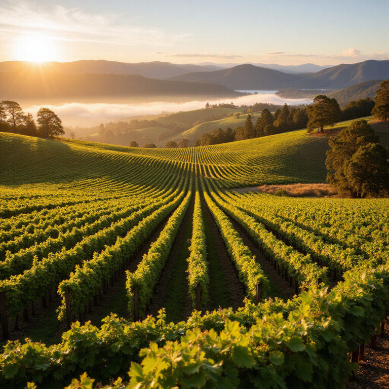 Winnica Yarra Valley z rozległymi polami winorośli i górami w tle