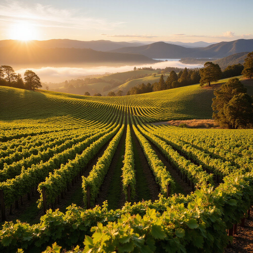 Winnica Yarra Valley z rozległymi polami winorośli i górami w tle