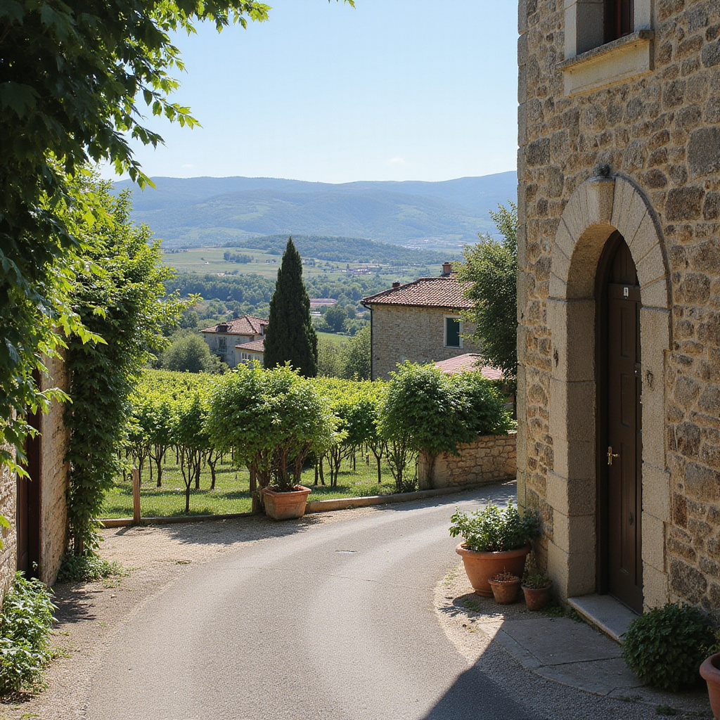 Ulica w Istrii z widokiem na winnice i zabytkowy budynek