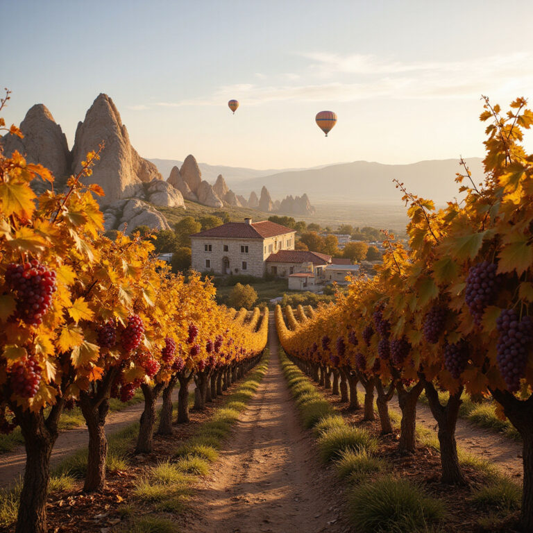 Winnice Kapadocji z widokiem na skalne formacje i tureckie wina