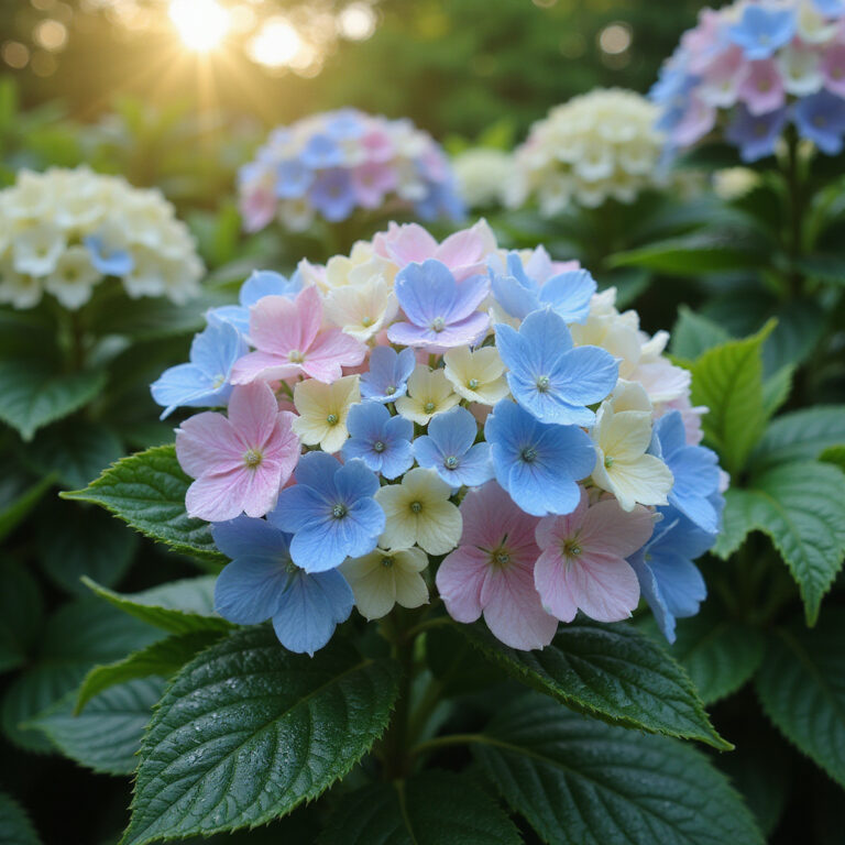 Wiosenne hortensje w Ogrodzie Nunobiki – kolorowe kwiaty na tle zielonych liści