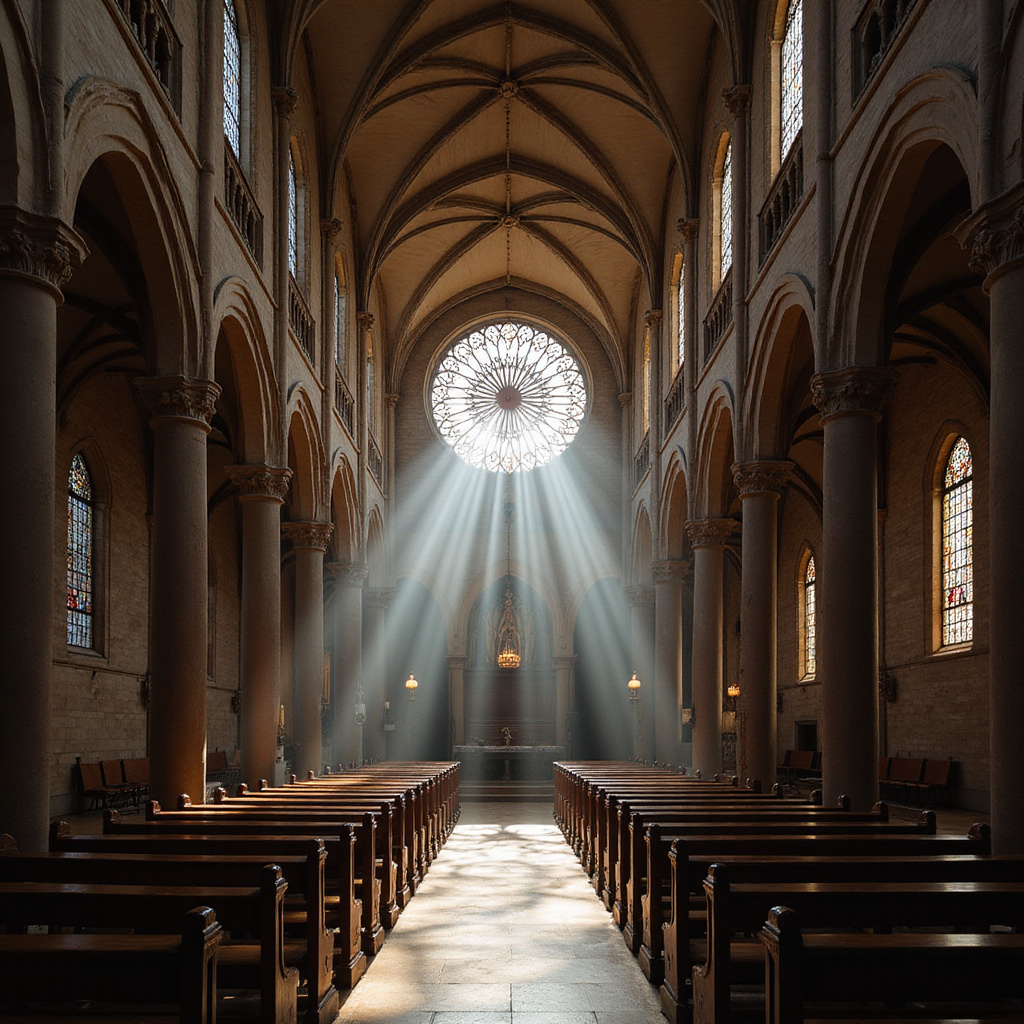 Wnętrze Katedry La Seu w Palma de Mallorca z rozetą i światłem witraży