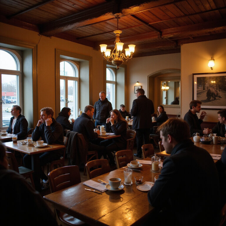 Wnętrze klimatycznej kawiarni w Reykjaviku z ludźmi przy stolikach