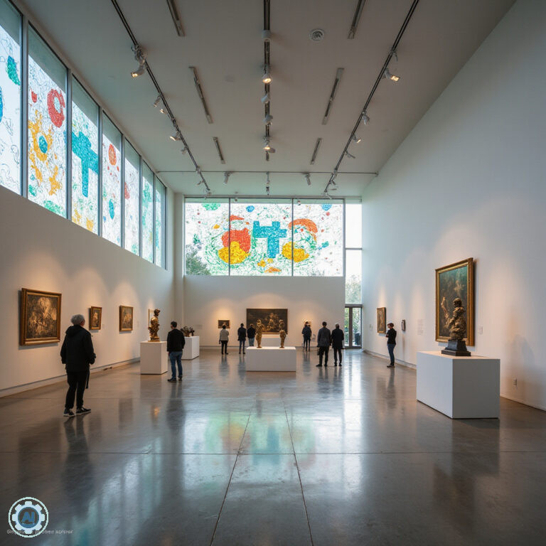 Wnętrze Muzeum Matisse'a w Nicei z witrażami i eksponatami, sztuka współczesna, wystawa