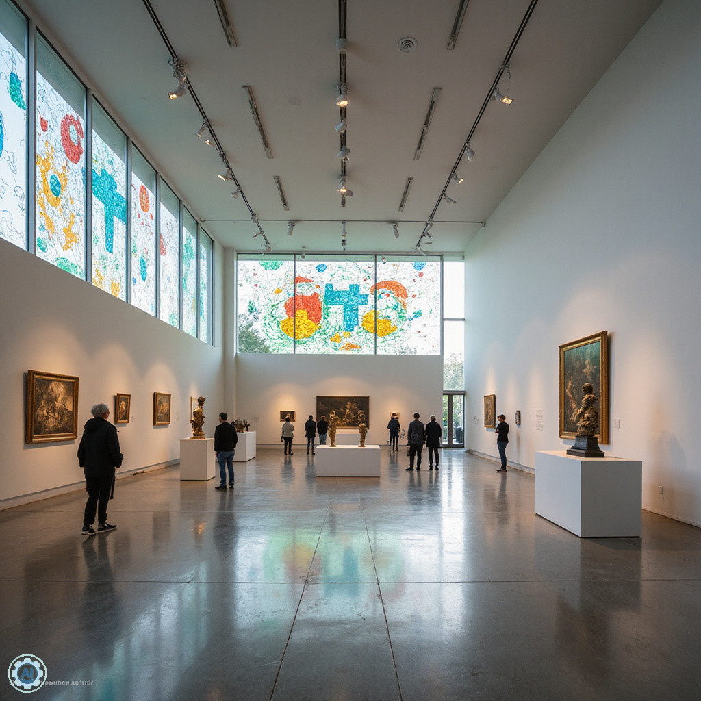 Wnętrze Muzeum Matisse'a w Nicei z witrażami i eksponatami, sztuka współczesna, wystawa