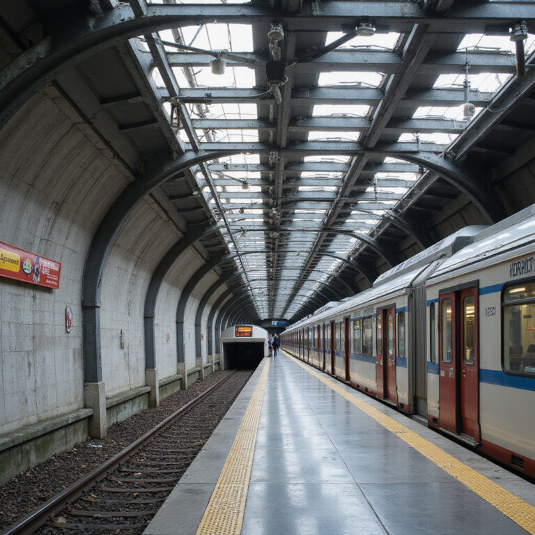 Nowoczesna stacja metra w Bilbao z charakterystycznymi stalowymi elementami projektu Normana Fostera