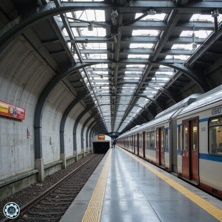 Nowoczesna stacja metra w Bilbao z charakterystycznymi stalowymi elementami projektu Normana Fostera