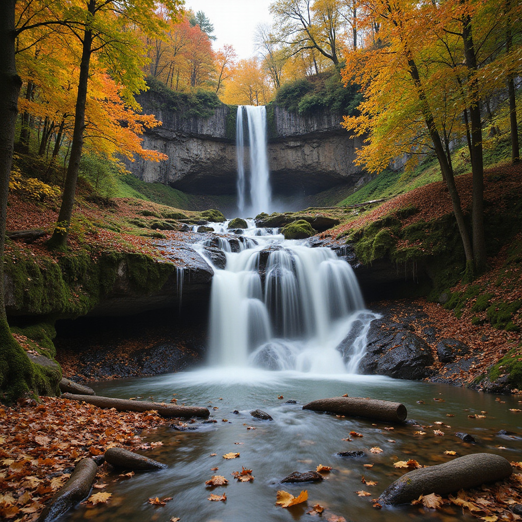 Wodospad Ventas Rumba w Kuldīdze, najszerszy w Europie, otoczony jesiennymi liśćmi