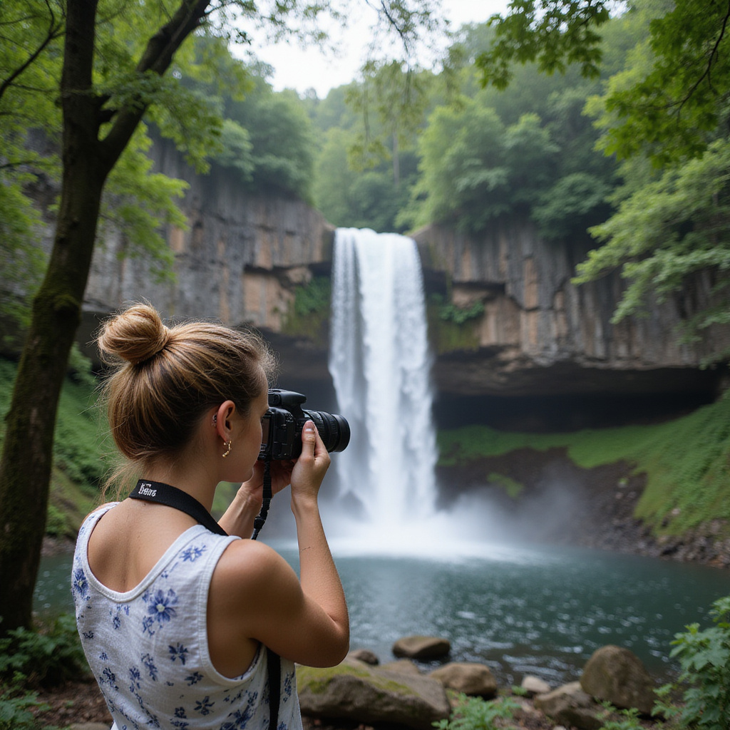 Kobieta fotografująca wodospad Wachirathan w Doi Inthanon z aparatem