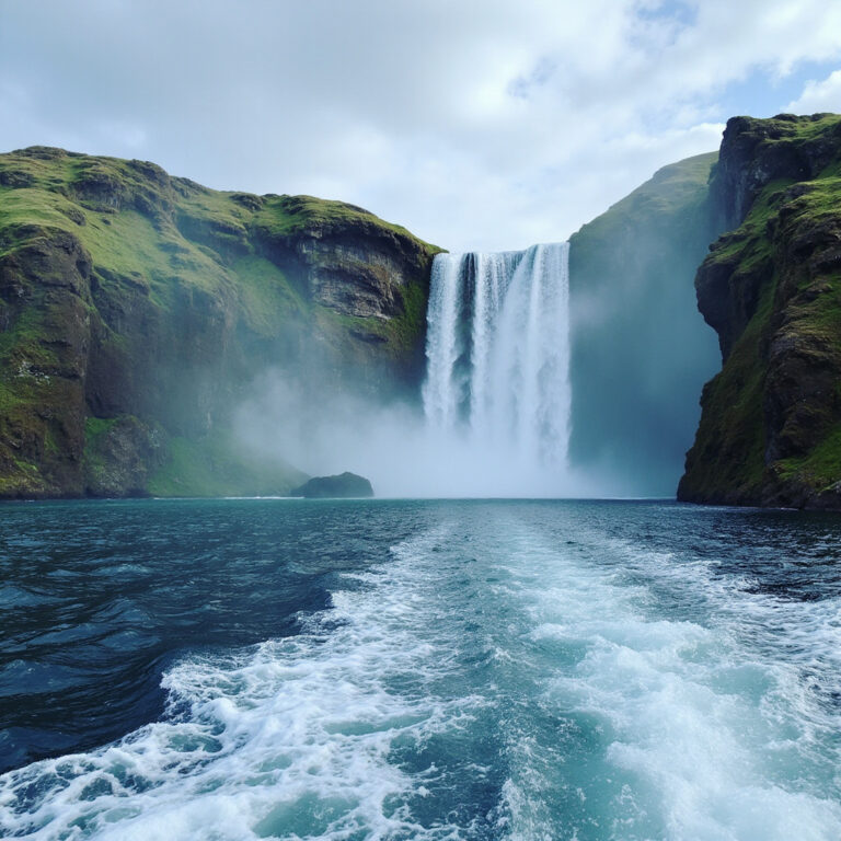 Wodospady Düden widziane z łodzi, spieniona woda spadająca do morza