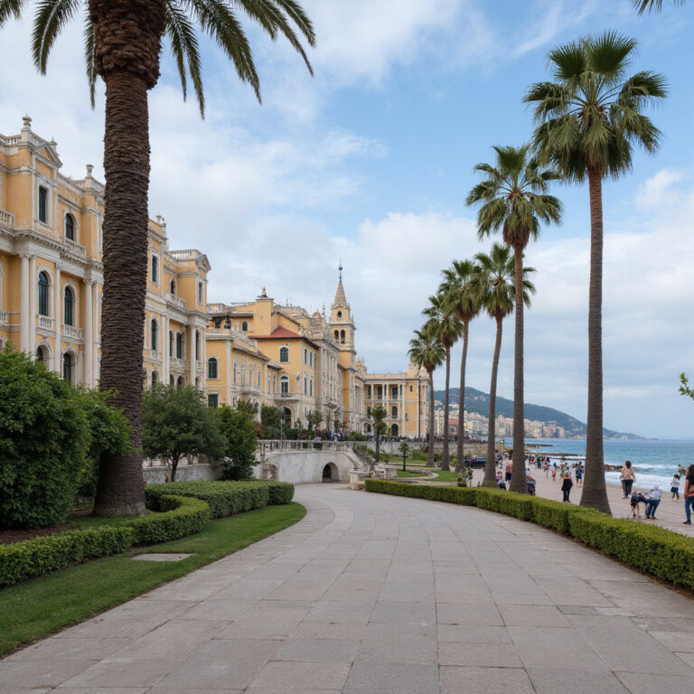 Widok na Promenadę Anglików z zabytkowymi willami i palmami