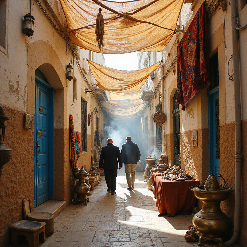 Uliczki medyny w Monastyrze z lokalnymi straganami i kawiarniami