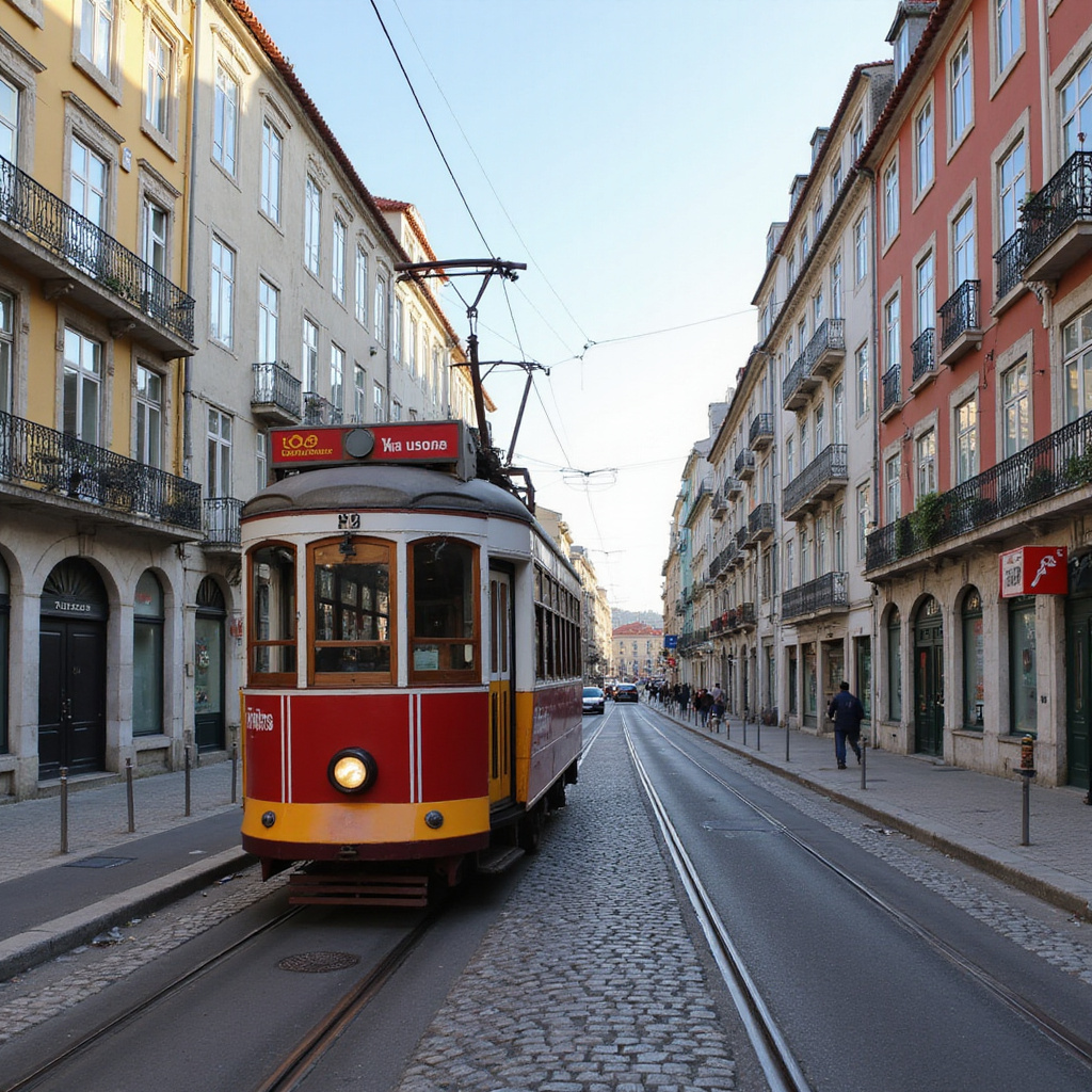 Ulica w Lizbonie z tramwajem linii 28 i widokiem na zabytki objęte Lisboa Card