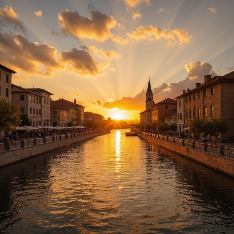 Złocisty zachód słońca nad promenadą Riva w Zadarze, fenomen przyrody i architektury
