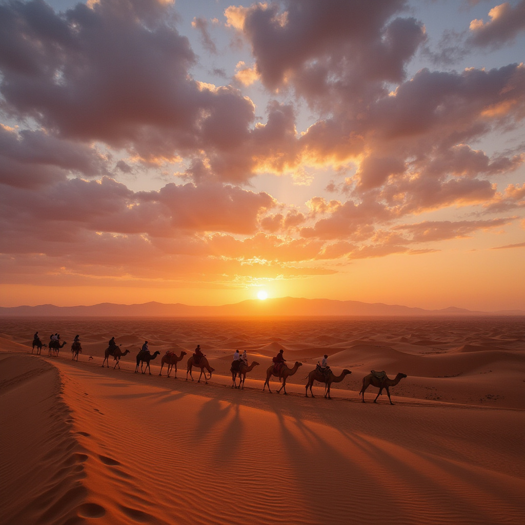 Pustynny zachód słońca z widokiem na wydmy i karawanę wielbłądów