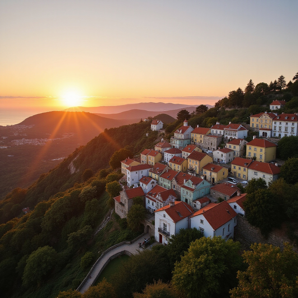 Zachód słońca nad Sintrą, widok na kolorowe domy i zielone wzgórza