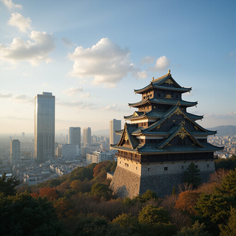 Zamek Nagoya otoczony nowoczesnymi wieżowcami, symbol miasta