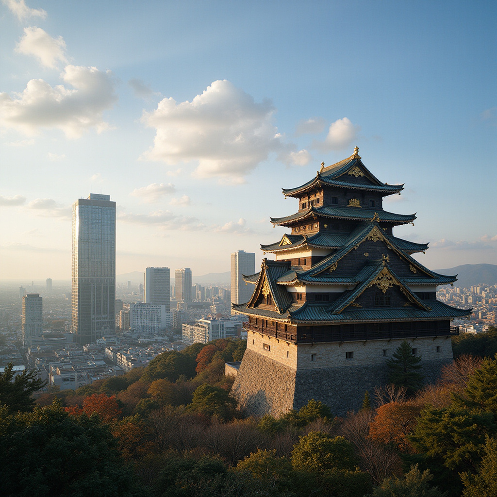 Zamek Nagoya otoczony nowoczesnymi wieżowcami, symbol miasta