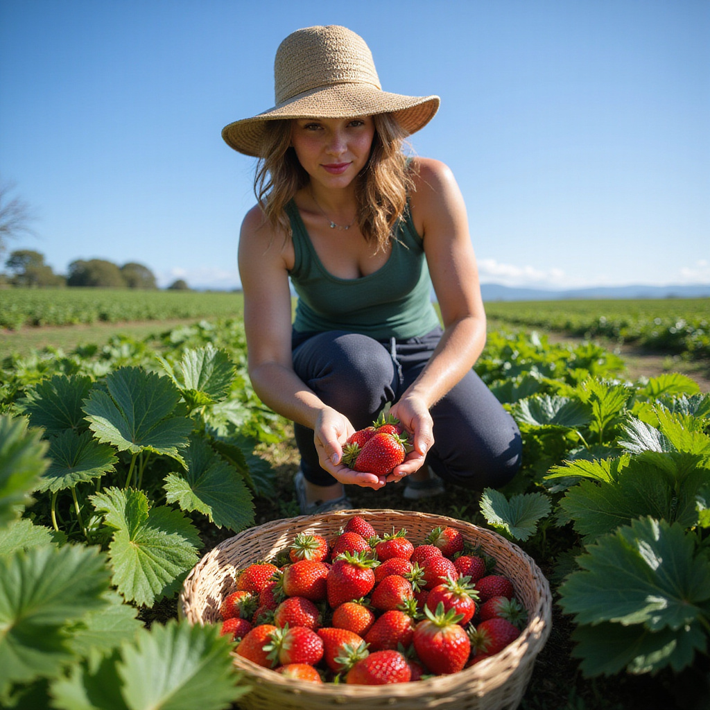 Kobieta zbierająca truskawki na plantacji w La Trinidad