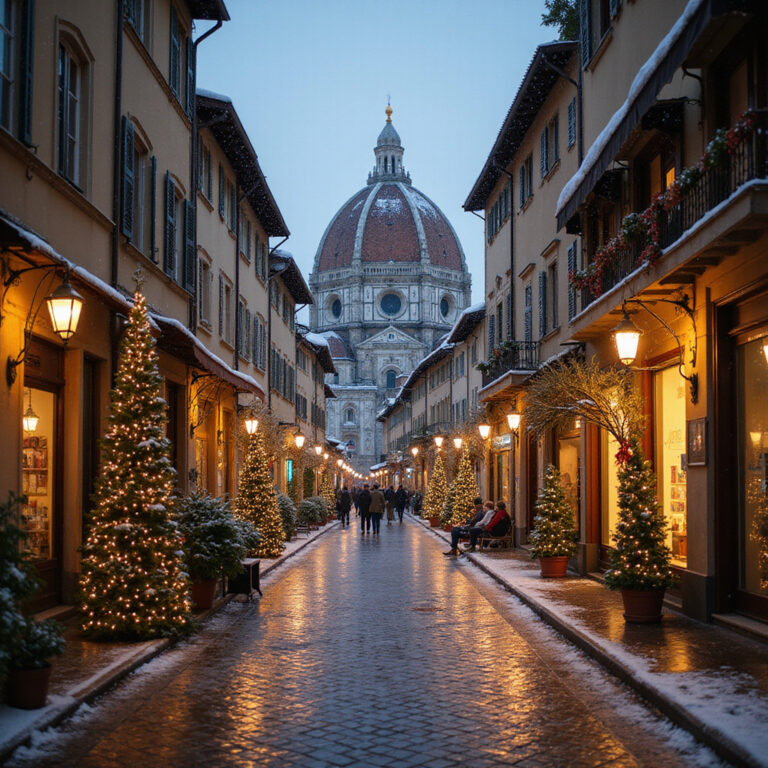 Zimowa uliczka we Florencji z widokiem na Kopułę Brunelleschiego, otoczona świątecznymi dekoracjami