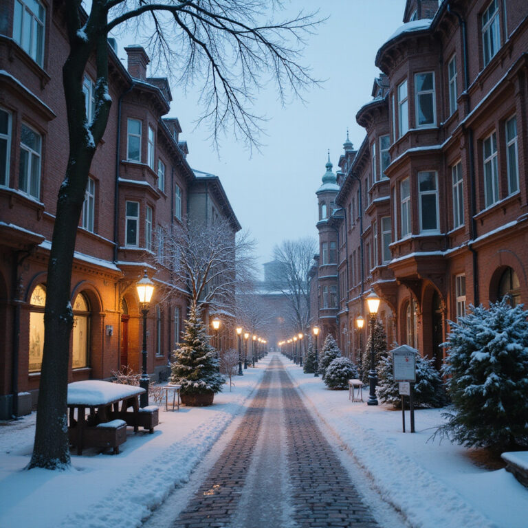 Zimowy Dyneburg z widokiem na zabytkowe kamienice i śnieżne ulice