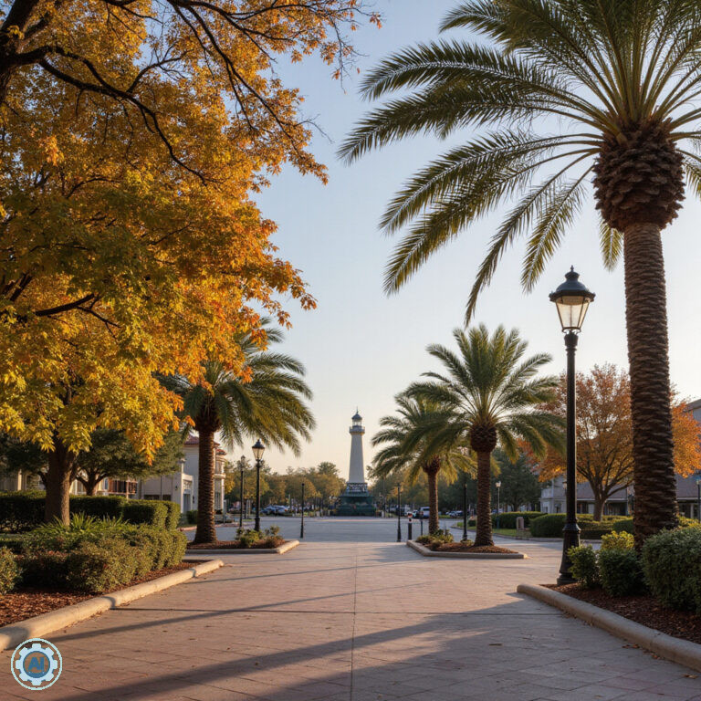 Orlando jesienią - złote liście palm i pusty deptak w okolicy Disney Springs