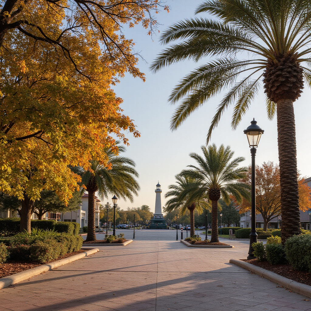 Orlando jesienią - złote liście palm i pusty deptak w okolicy Disney Springs