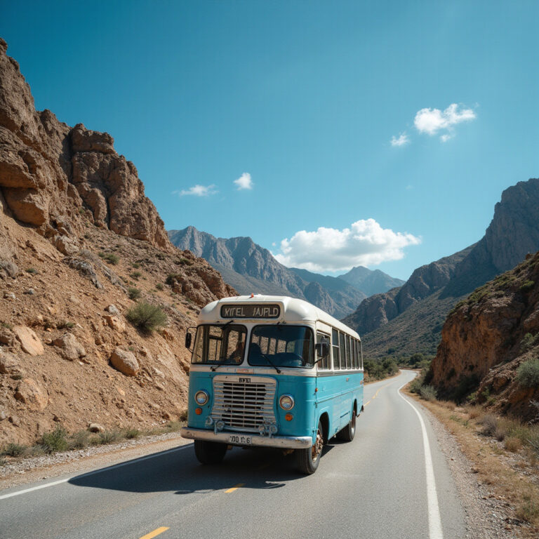Autobus KTEL na tle gór Krety - tani transport publiczny na wyspie