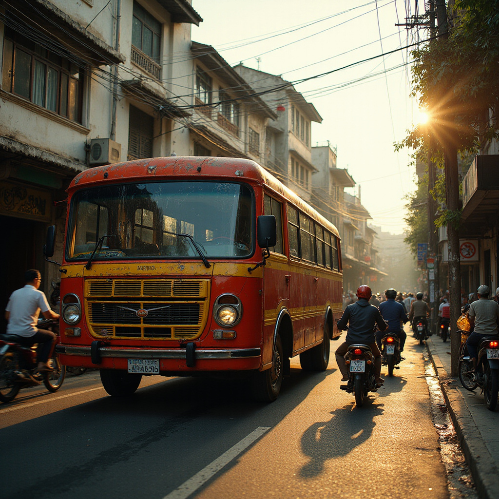 autobus miejski na zatłoczonej ulicy w centrum Hanoi