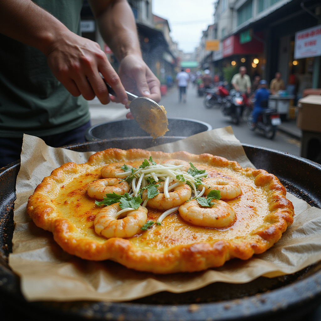 Banh Xeo smażony na ulicy w Hanoi z krewetkami i świeżymi ziołami
