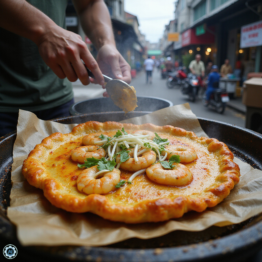 Banh Xeo smażony na ulicy w Hanoi z krewetkami i świeżymi ziołami